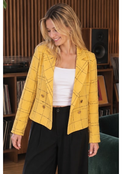 Armonika Kadın Hardal-siyah Kruvaze Yaka Tüvit Crop Ceket Arm-24k001014