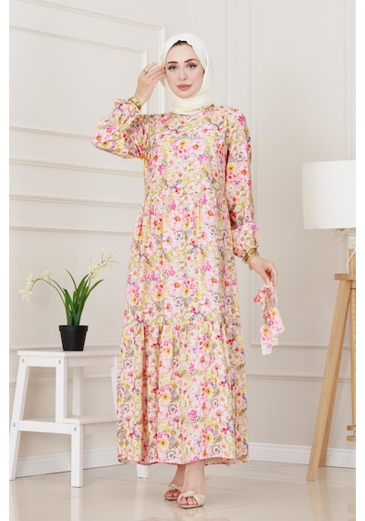 Sevitli Çiçekli Kumsal Elbise-pembe-5245 Pembe