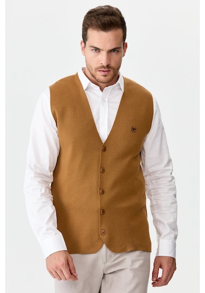 Desen Triko Erkek İnce Triko Düz Yelek Camel Camel