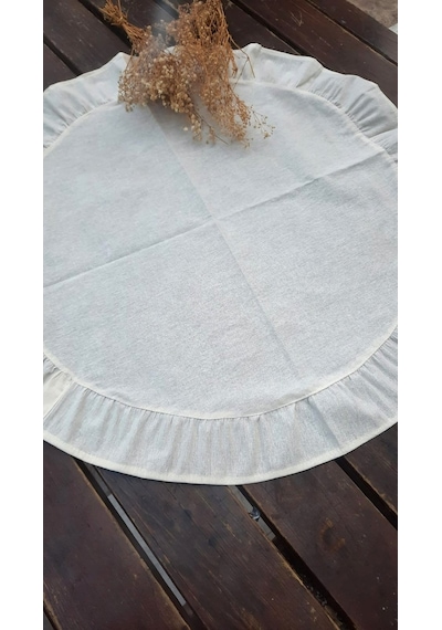 60 Cm Yuvarlak Pileli Runner - Sehpa Zigon Örtüsü - Masa Ortası Örtü - Keten Runner - 1 Adet Açık Bej