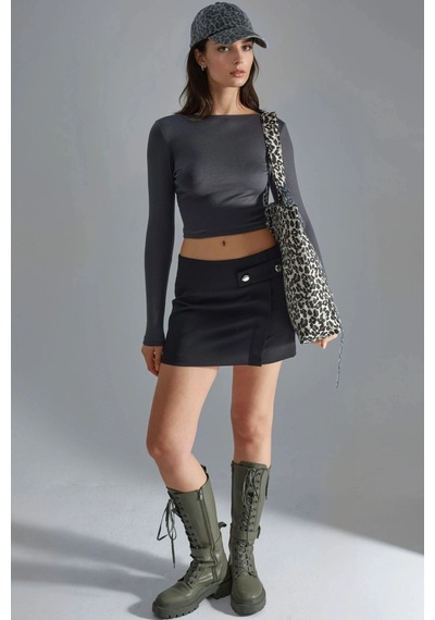 Hiccup Busem Sırt Dekolteli Slim Fit Kısa Bluz Koyu Gri