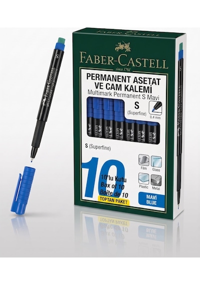 Faber-castell Permanent Asetat Ve Cam Kalemi S Uç 0.4 Mm Mavi - 10 Adet Toptan Paket