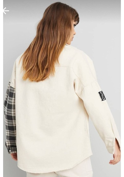 Esb Design Kadın Boyfriend Oversize Eskitmeli Denim Jeans Kot Ceket Krem-ekose