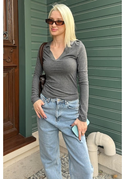 Madmext Antrasit Polo Yaka Fitilli Kadın Body Mg2566 Antrasit