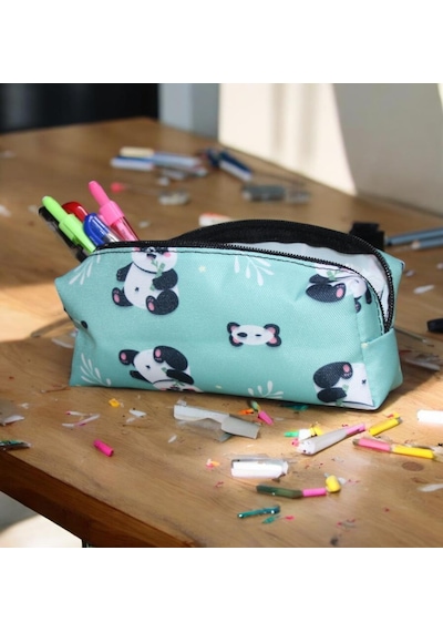 Yeşil Panda Desenli Tatlı Kalemlik - Okul Kalemliği-makyaj Çantası