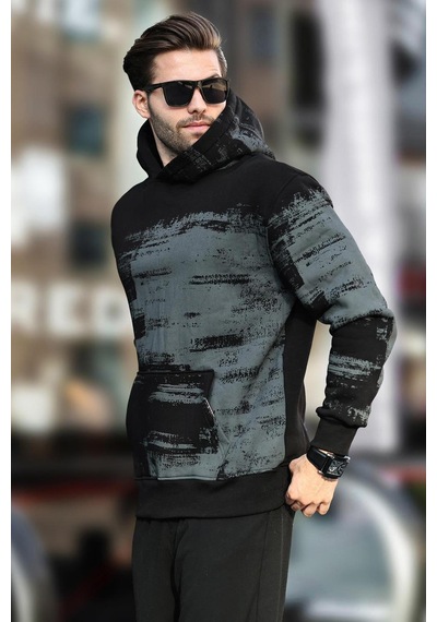 Madmext Siyah Kapüşonlu Desenli Cep Detaylı Erkek Sweatshirt 7059-siyah Siyah