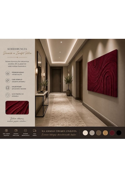 Modern Bohem Vişne Kırmızısı Soyut Dokulu Kanvas Tablo Premium Dekoratif Duvar Tablosu Salon, Yatak Odası, Koridor Ve Ofis Dekorasyonu İçin Şık Tasarım