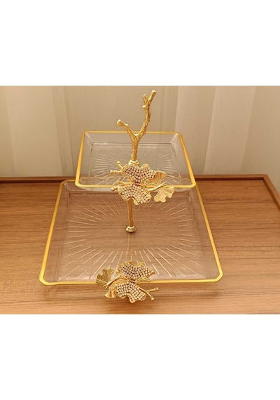 Elta Collection 2 Katlı Döküm Aksesuarlı Yaldız Detaylı Kare Servis Tabağı Sunumluk Kurabiyelik Şeffaf