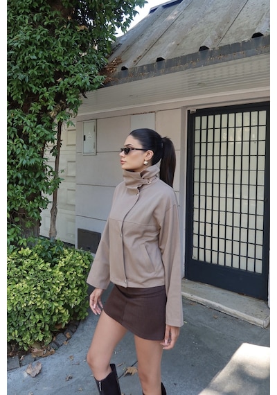 Kechi Woman Gabardin Kumaş Dik Yaka Çıtçıtlı Ceket Bej