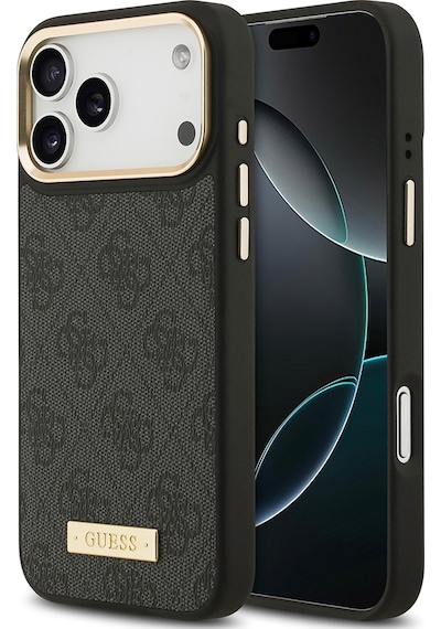 Apple Uyumlu iPhone 17 Pro Max Kılıf Guess Lisanslı M-safeli 4g Desenli Pu Metal Plaka Klasik Logolu Siyah Siyah