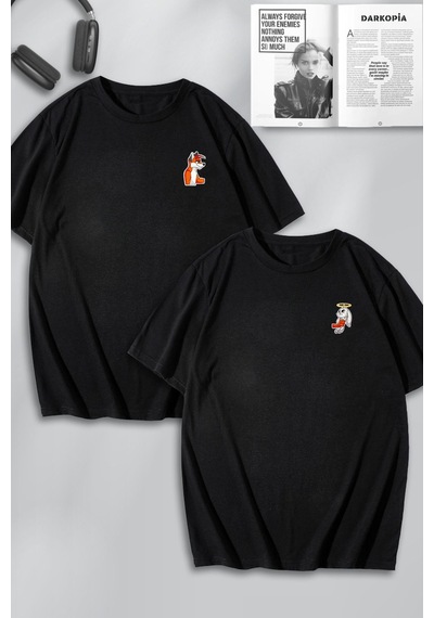 Unisex Kadın Erkek Sevimli Tavşan Ve Tilki Sevgili Çift Kombini Tasarım Oversize Tshirt 2'li Siyah1 Mck0124 Siyah