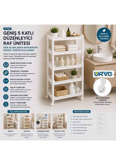 5 Katlı Tekerlekli Sepet Organizer Raf Ünitesi 355x220x850 Mm Renkli