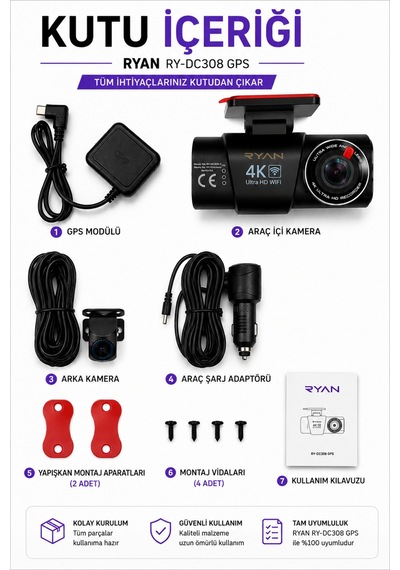4k Araç İçi Kamera İki Kameralı Gece Görüşlü Wifi Gps 24 Saat Park Modu G Sensör