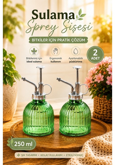 Porsima 15731 2'li Cam Sprey Şişe Seti 250 Ml Yeşil Cam Çiçek Bitki Sulama Püskürtücü & Sprey Yağdanlık
