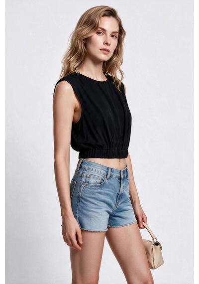 Blange Kadın Bisiklet Yaka Kolsuz Lastik Belli Crop Bluz Dökümlü Kumaş Siyah