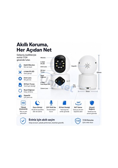 Uninet 5mp Ultra Hd Çift Lensli Wifi Iç Mekân Güvenlik Kamerası Akıllı Hareket Algılama, Gece Görüşü Ve Uzaktan Izleme 355 Derece Dönebilen Ptz Kamera