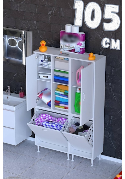 Pınar 105 Cm Raflı Dolap Beyaz Kirli Sepetli Dolap 65+40 X160x32,5 Cm