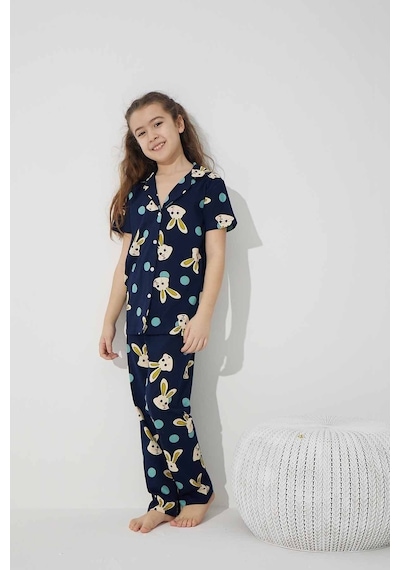 Siyah İnci Pamuklu Likralı Düğmeli Pijama Takım Lacivert