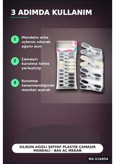 Silikon Ağızlı Şeffaf Plastik Çamaşır Mandalı - Bas Aç Mekanizmalı Renkli Mandal Bx-316854 Diğer