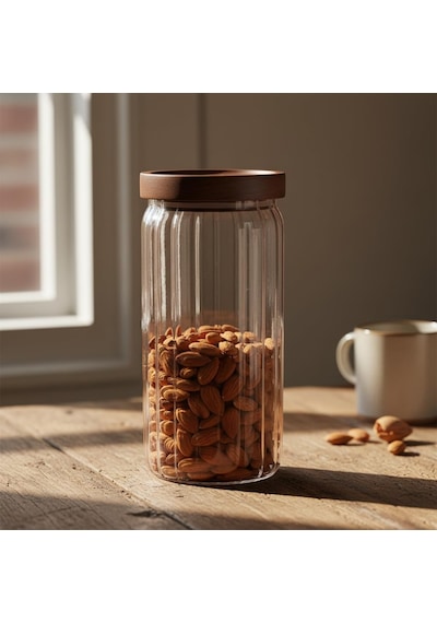 Akasya Kapaklı Çizgili Cam Kavanoz 1000ml /1 Litre Hava Geçirmez, Modern Fitilli Tasarım Gı Tek Renk