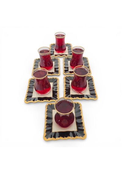 Sudedi Home Gold Yaldızlı Çay Bardağı Seti 6 Kişilik Porselen Tabaklı Çok Renkli