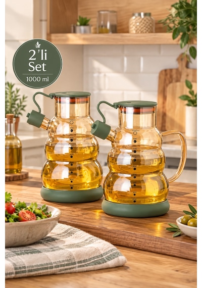 Porsima 3617 Kapaklı Borosilikat Cam 2li Yağlık Sirkelik Seti Yağdanlık Takımı 1000ml Yeşil Yeşil