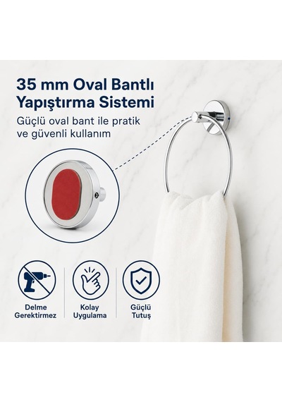 İris Krom Kaplama Halka Havluluk, Yapışkanlı Ve Vidalı Montajlı Banyo Havlu Askısı, 35 Mm Oval Bantlı, Parlak Yüzey