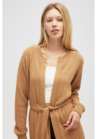 Peraluna Zeyna Mini Kabartma Örgülü Uzun Triko Hırka - Camel Camel