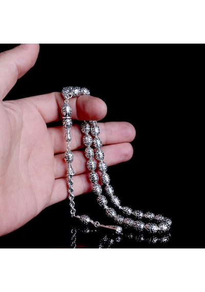 Tesbihsepetim 925 Ayar Tamamı Gümüş Desen Motifli Büyük Boy Tesbih