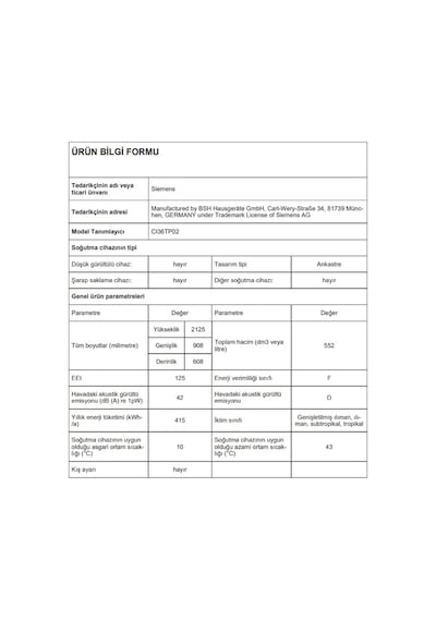 Siemens CI36TP02 552 LT No-Frost Ankastre Buzdolabı