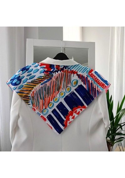 Lente Aksesuar Kadın Çok Renkli Sanatsal Çizgili Premium Kalite İpek Saten Fular 55x55cm Turuncu - Mavi