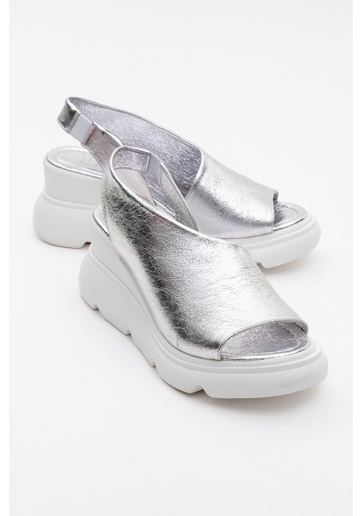 Luvishoes Agusto Metalik Gümüş Hakiki Deri Kadın Dolgu Topuk Sandalet Gümüş