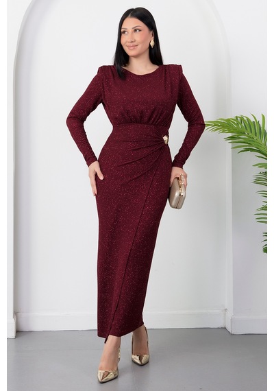 Kalopya Oval Yaka Uzun Kol Simli Elbise Grs4155 Bordo