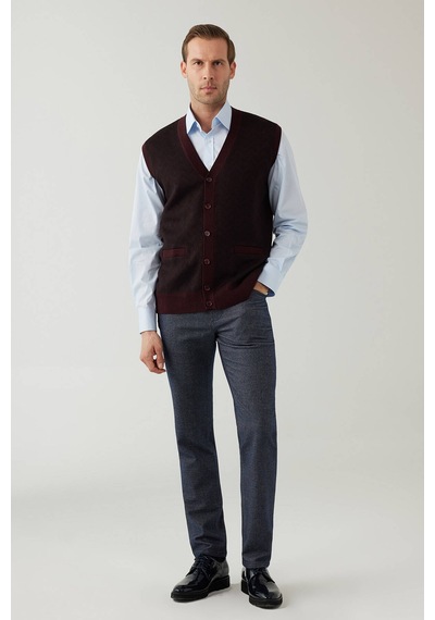 Erkek Koyu Bordo Regular Fit Desenli Yün Karışımlı Triko Yelek