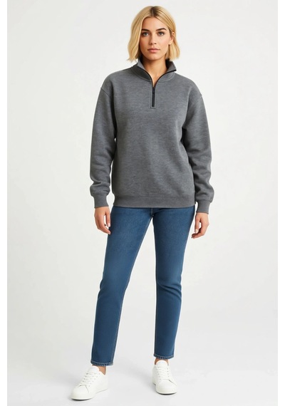 Ersefa Kadın Dik Yaka Yarım Fermuarlı Üç İplik Sweatshirt Melanj Görünüm Antrasit