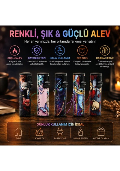 Özel Seri Fonksiyonel Yenilikçi Aksesuar Led Işıklı Rüzgar Çakmağı - Karışık Desenli - İpli