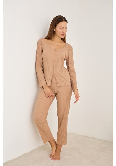 Siyah İnci Fitilli Kaşkorse Uzun Kollu Pijama Takım 7937 Vizon