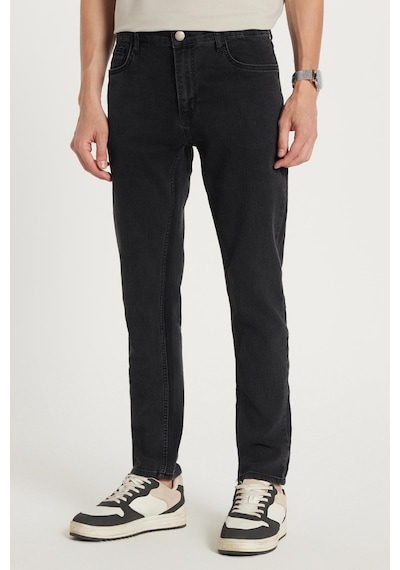 Tudors Erkek Slim Fit Yıkamalı Taşlamalı Esnek Kot Düz Paça Tapered Siyah Pantolon-34827 Siyah