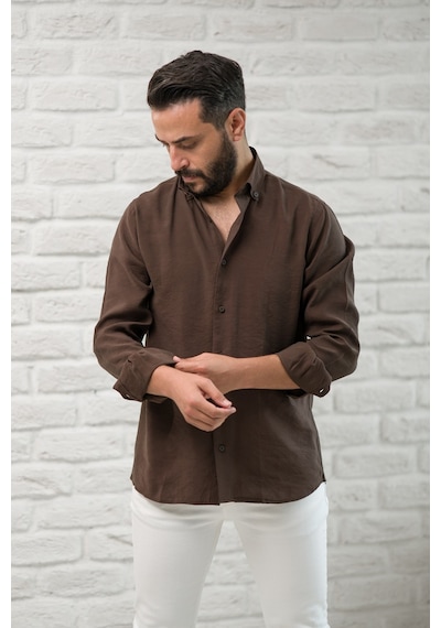 Regular Fit Yaka Düğmeli Yazlık Modal Kumaş Erkek Gömlek Kahverengi