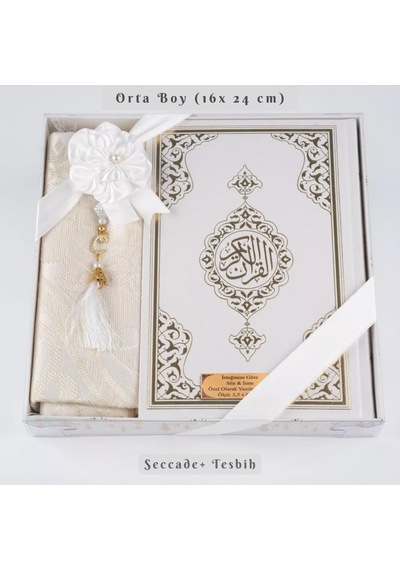 Kuran + Seccade + Tesbih Hediye Seti Orta Boy, Ekonomik Cilt, Desenli Kutu, Beyaz