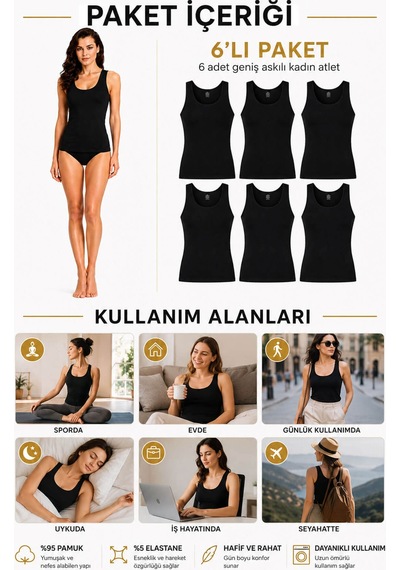 Hepsine Rakip Kadın Likralı Geniş Askılı Pamuklu Atlet 6 Lı Paket Siyah