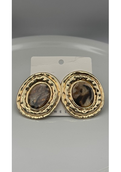 Gold Plaka Oval Taşlı Küpe Çok Renkli