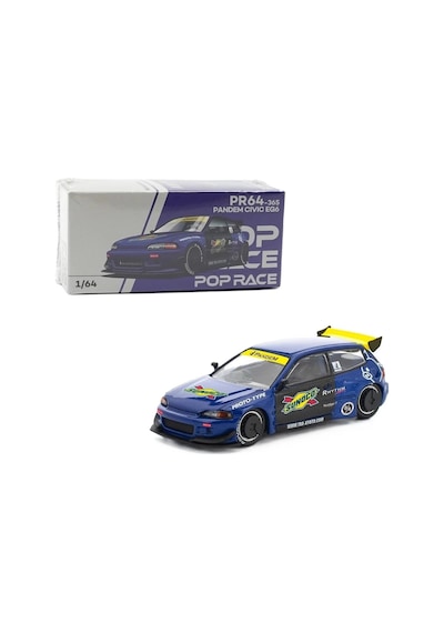 Pop Race 1:64 Honda Civic Eg6 Pandem Blue Sunoco Pr640365 Açılabilir Kaput Diecast Model Araba Mavi