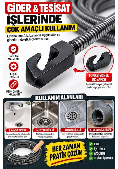 13 Mm 20 Metre Spiral Kanal Açıcı Ahşap Saplı Manuel Gider Açma Teli, Esnek Tesisat Temizleme Su