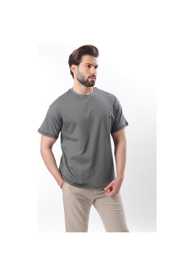 Madmext Füme Nakış Detaylı Erkek T-shirt E7112 Füme