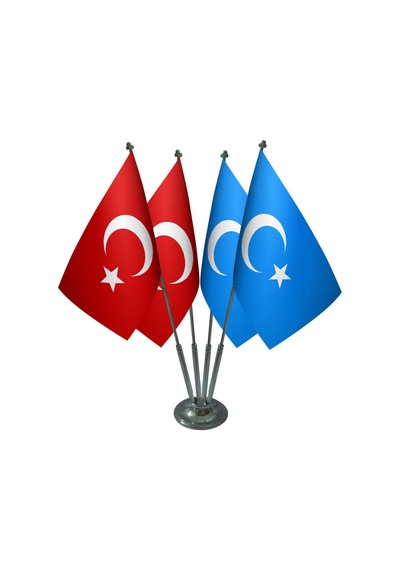 Masa Üstü Doğu Türkistan Bayrağı Türk Bayrağı Dörtlü Krom Direk M