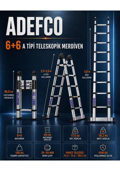 6+6 Basamak Paslanmaz Çelik Teleskopik Merdiven 5 Metre A Tipi Katlanabilir Uzayan Merdiven -