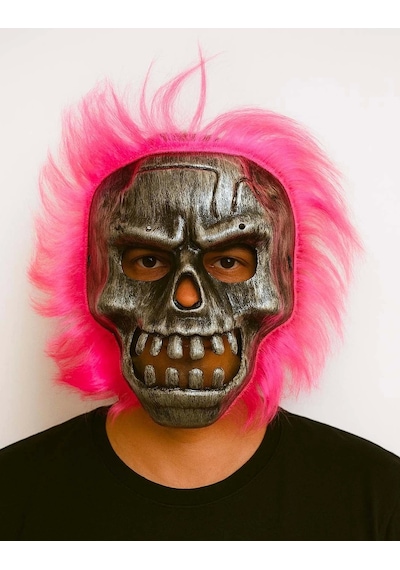 Cansa Wild Skull - Gümüş Kafatası Pembe Saçlı İskelet Maske Renkli