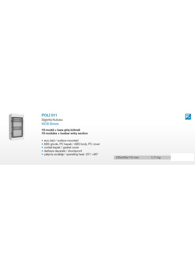18 Modul Sıva Üstü Sigorta Kutusu Ip54
