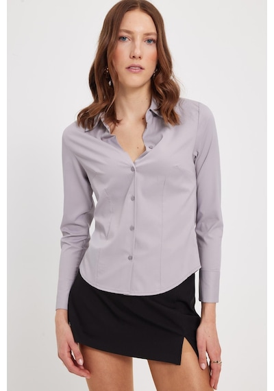 Tudors Kadın Slim Fit Dar Kesim Klasik Yaka Uzun Kollu Gri Gömlek-40354 Gri